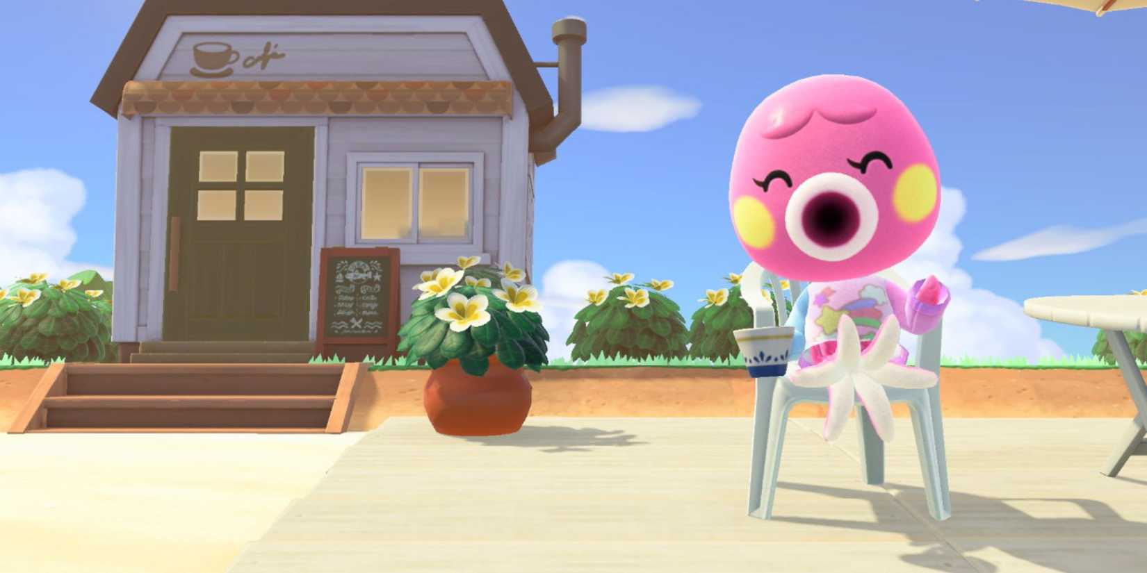 Marina drinks tea while sitting in a chair on the beach in Animal Crossing New Horizons.