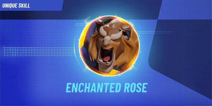 Image depicts Beast from Beauty and The Beast in a yellow circle in the centre of a blue dotted background in Disney Speedstorm. Underneath Beast it reads 'Enchanted Rose'. In the top left corner it reads 'Unique Skill'.