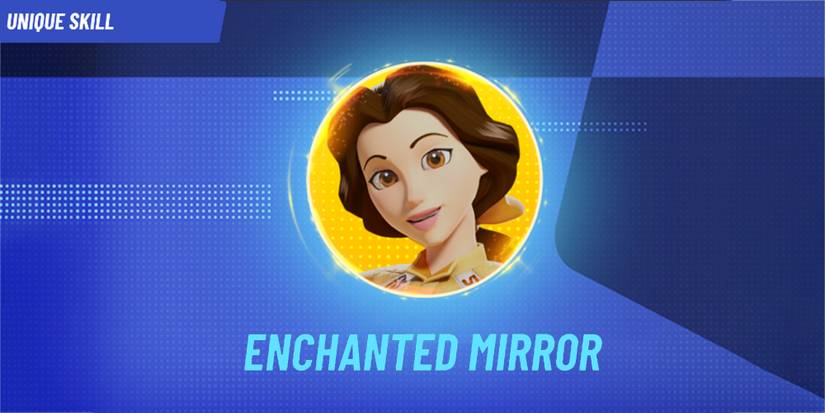Image depicts Belle from Beauty and The Beast in a yellow circle in the centre of a blue dotted background in Disney Speedstorm. Underneath Belle it reads 'Enchanted Mirror'. In the top left corner it reads 'Unique Skill'.