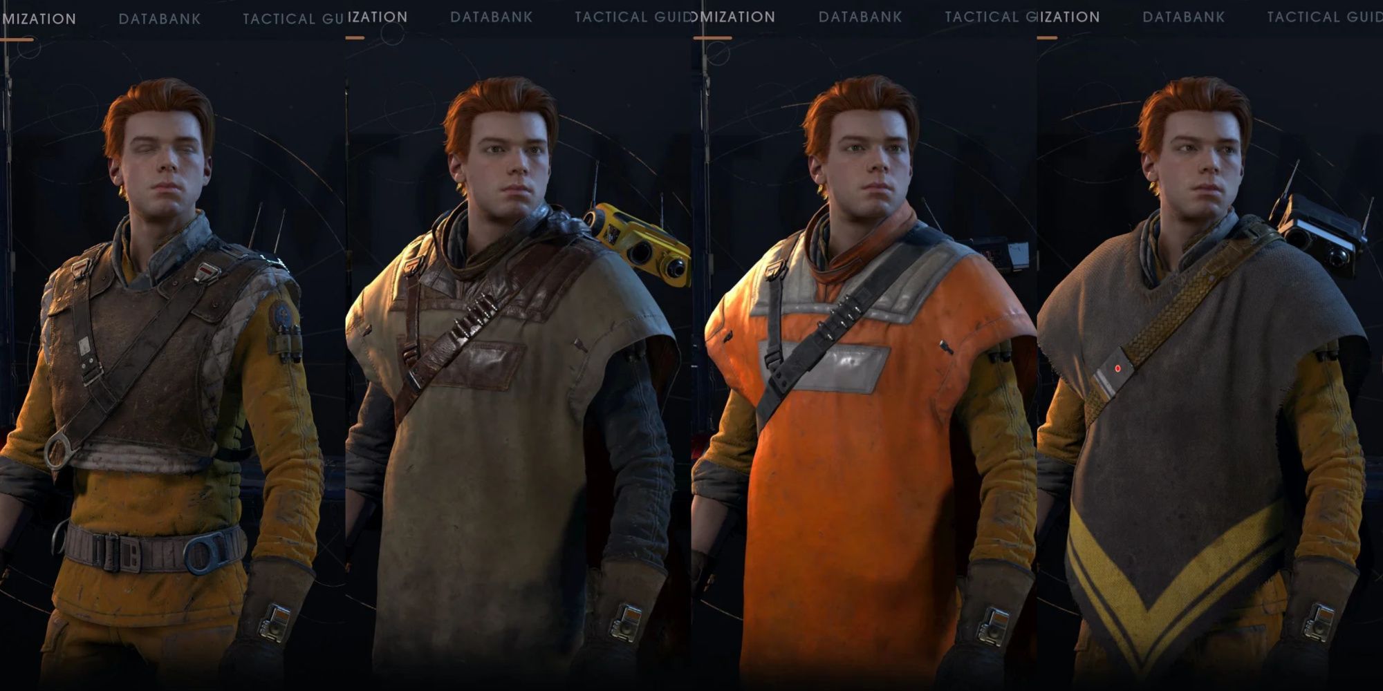 A collage featuring Cal wearing one outfit and three different ponchos.