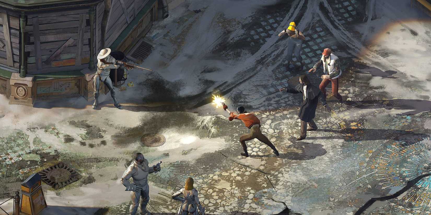 An isometric view of a shootout with numerous figures in Disco Elysium.