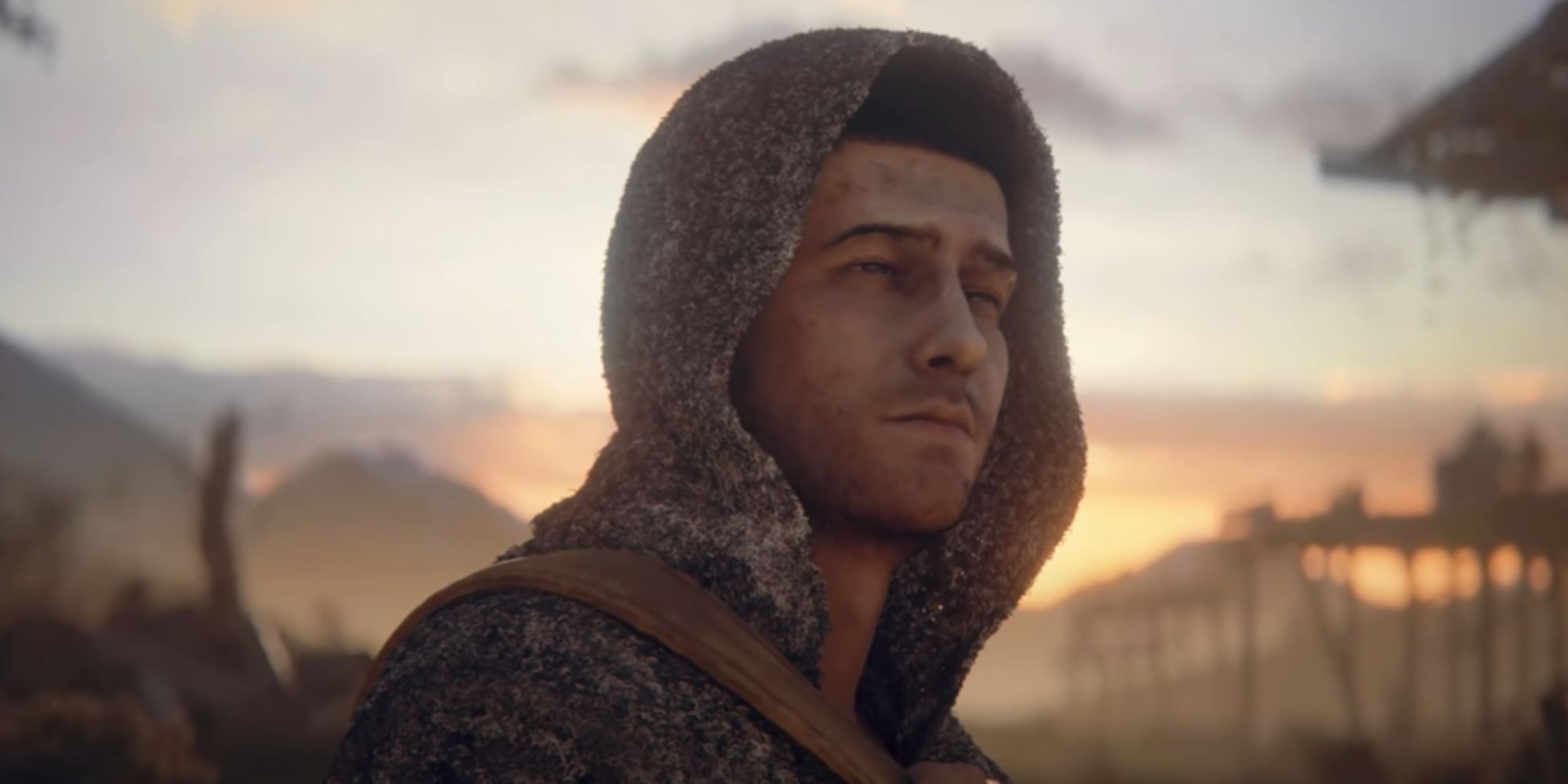 Close-up do rosto de Aiden Caldwell em Dying Light 2.