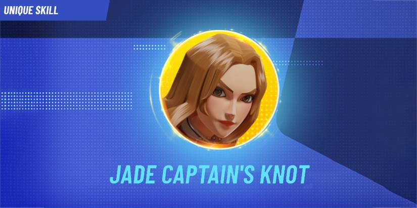 Image depicts Elizabeth Swann in a yellow circle in the centre of a blue dotted background in Disney Speedstorm. Underneath Elizabeth it reads 'Jade Captain's Knot'. In the top left corner it reads 'Unique Skill'.
