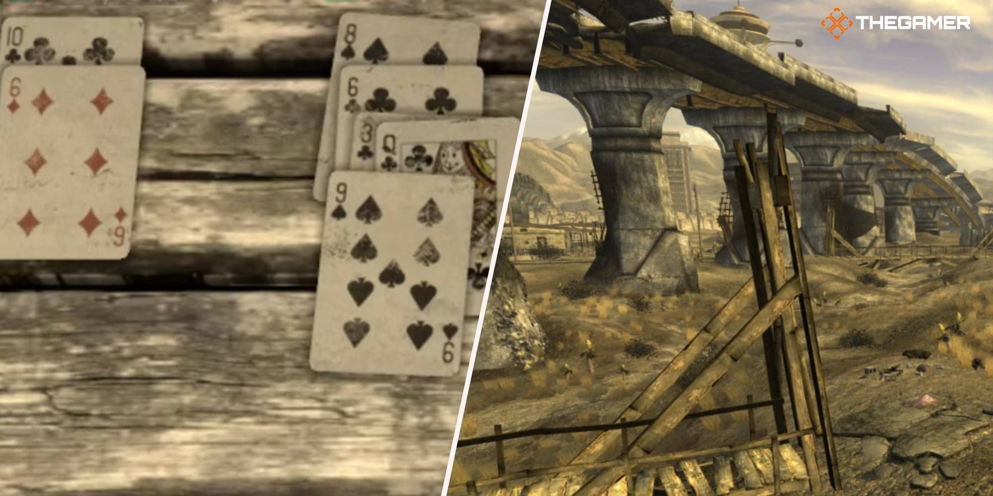 Fallout: Caravan cards in New Vegas and a split image of the Mojave Wasteland.