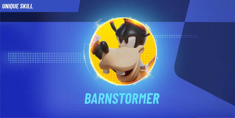 Image depicts Goofy in a yellow circle in the centre of a blue dotted background in Disney Speedstorm. Underneath Goofy it reads 'Barnstormer'. In the top left corner it reads 'Unique Skill'.