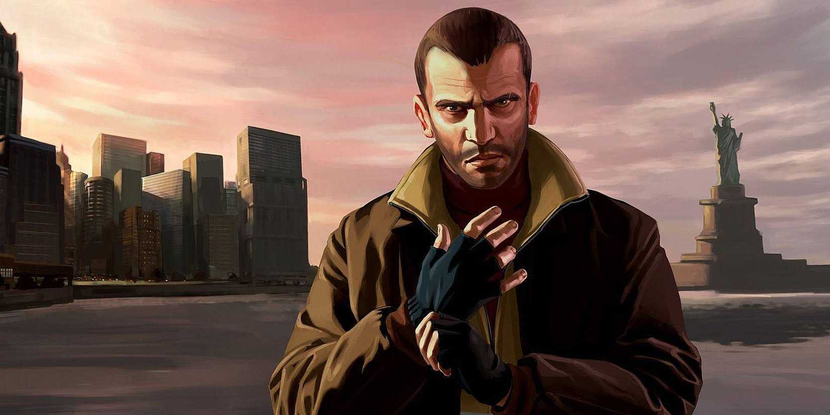 Grand Theft Auto 4's Niko Bellic stands with Liberty City in the background