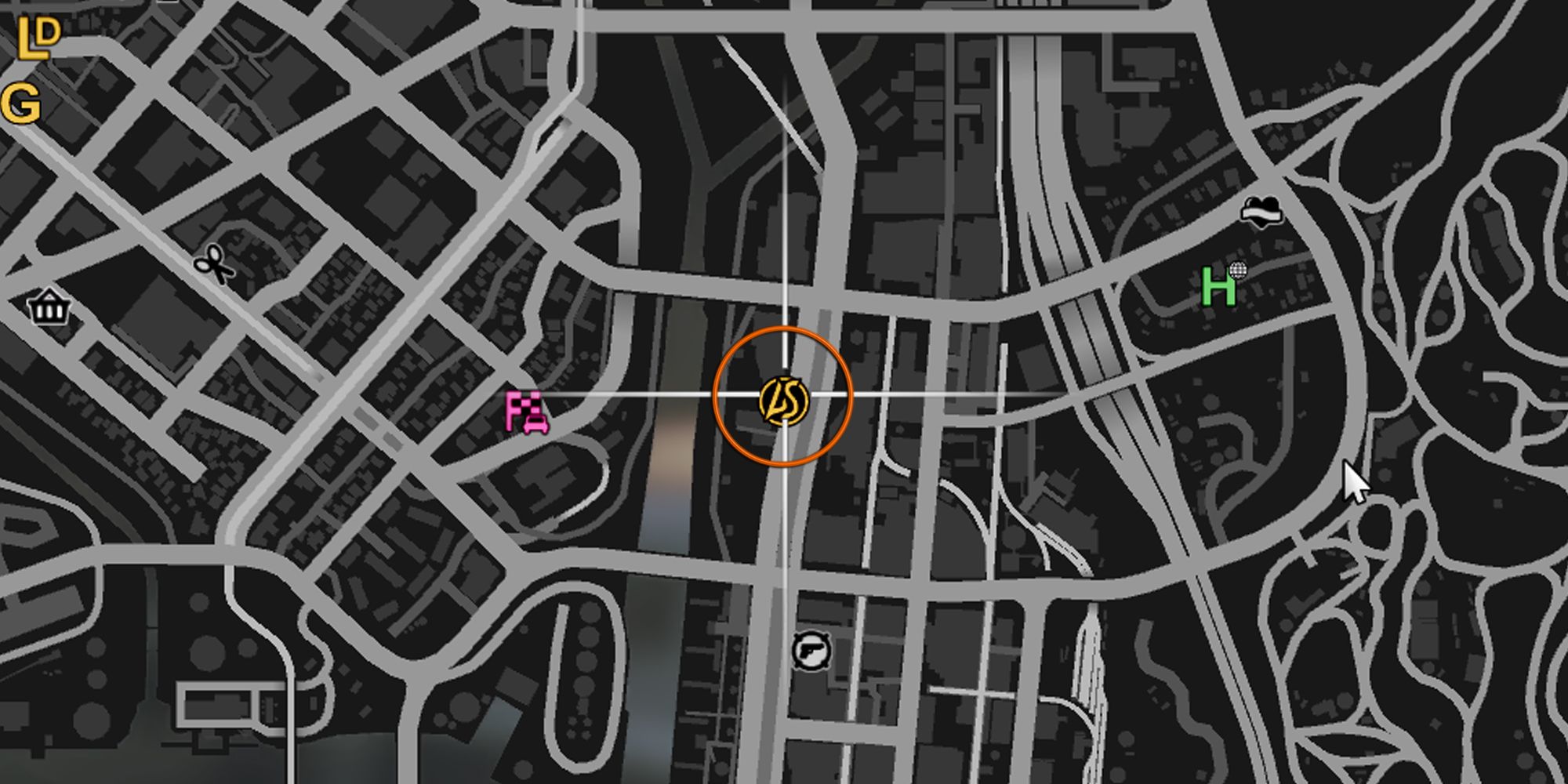 Image depicts the Grand Theft Auto Online map zoomed in to the LS Car Meet location in La Mesa. The LS Car Meet logo is in yellow, with an orange circle around it to highlight the location.