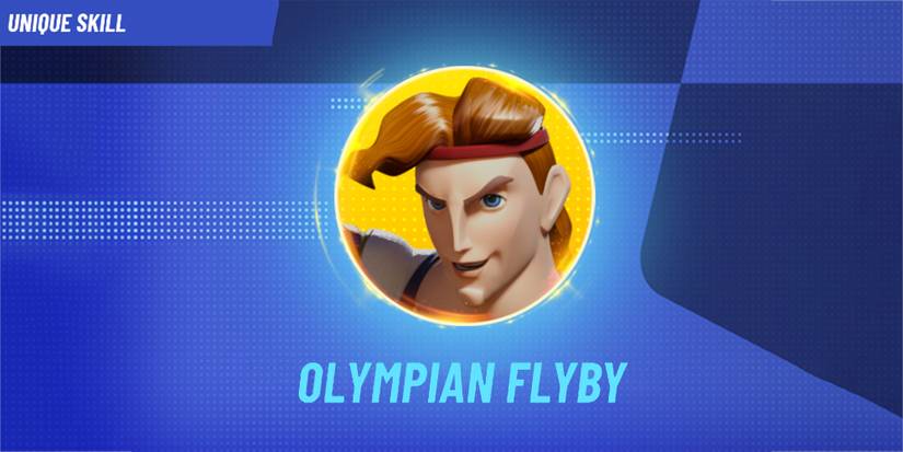 Image depicts Hercules in a yellow circle in the centre of a blue dotted background in Disney Speedstorm. Underneath Hercules it reads 'Olympian Flyby'. In the top left corner it reads 'Unique Skill'.