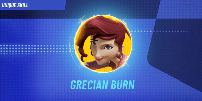 Image depicts Meg from Hercules in a yellow circle in the centre of a blue dotted background in Disney Speedstorm. Underneath Meg it reads 'Grecian Burn'. In the top left corner it reads 'Unique Skill'.
