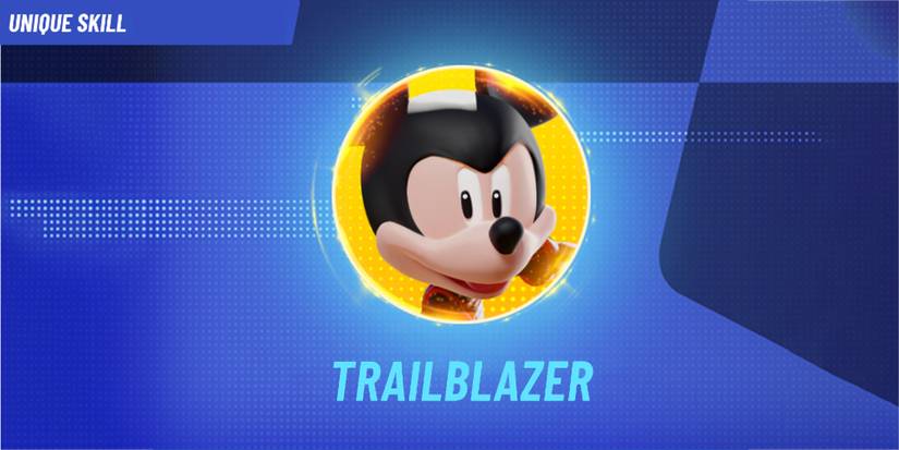 Image depicts Mickey Mouse in a yellow circle in the centre of a blue dotted background in Disney Speedstorm. Underneath Mickey it reads 'Trailblazer'. The text in the top left corner of the image reads 'Unique Skill'