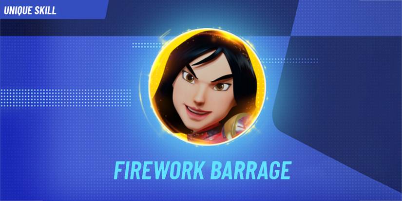 Image depicts Mulan in a yellow circle in the centre of a blue dotted background in Disney Speedstorm. Underneath Mulan it reads 'Firework Barrage'. In the top left corner it reads 'Unique Skill'.