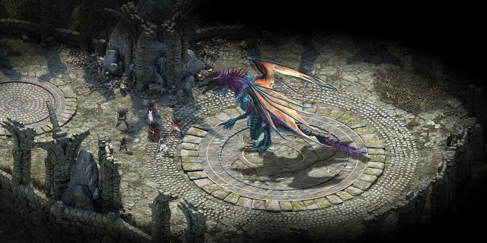 An isometric view of figures fighting a blue scaled dragon in Pillars of Eternity.