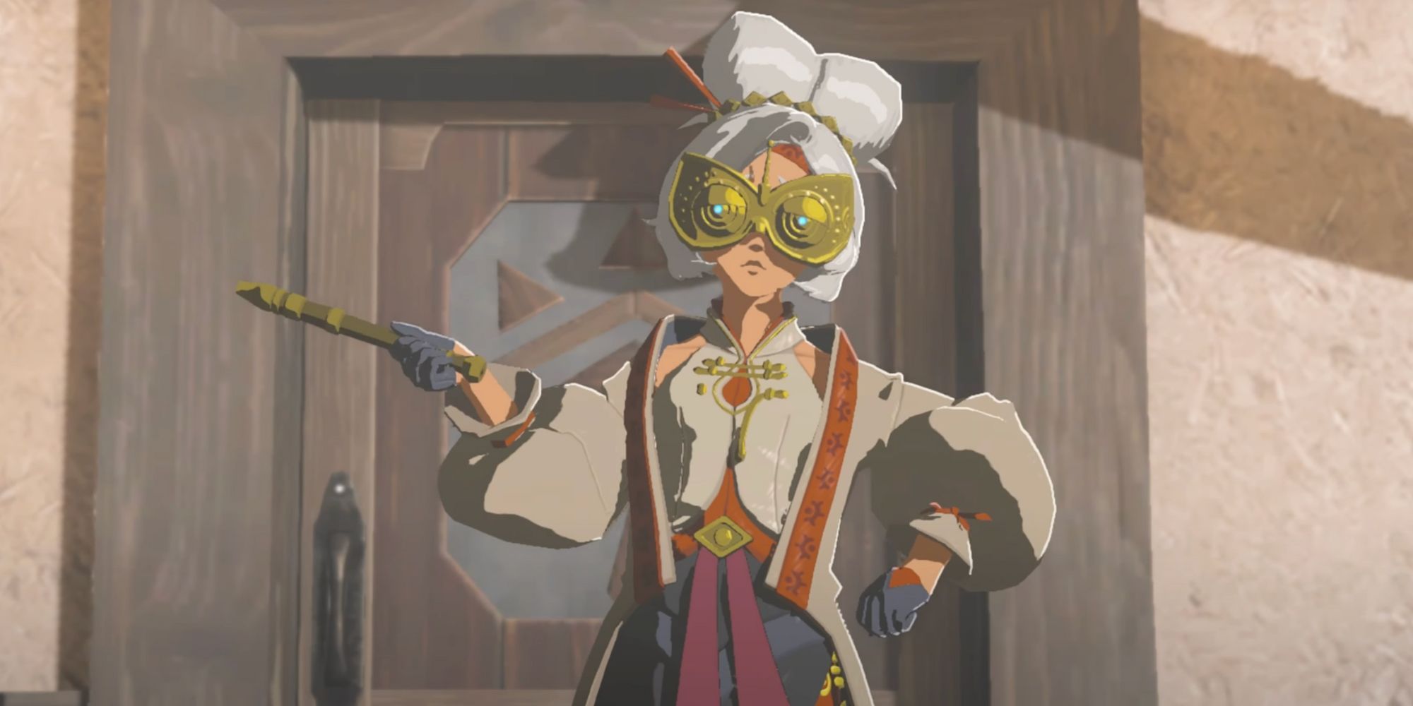 Purah em frente à torre de Lookout Landing em Zelda: Tears of the Kingdom