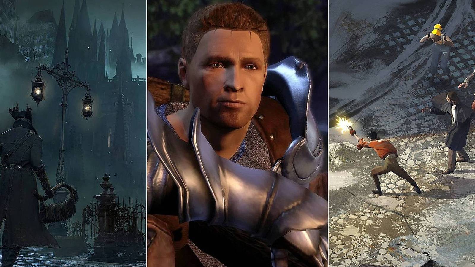 A collage of images from Bloodborne, Dragon Age Origins and Disco Elysium