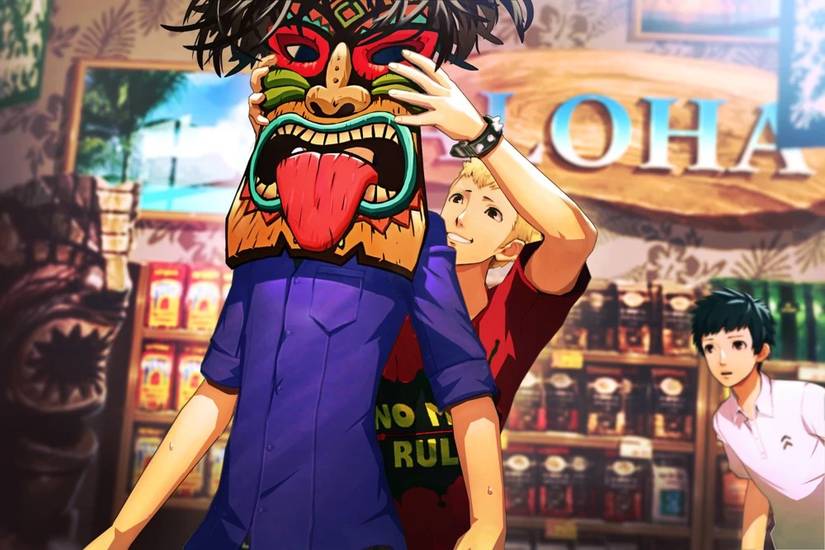 Ryuji putting a tiki mask onto Yusuke on the Hawaii trip with Miishima in the background in Persona 5 Royal.