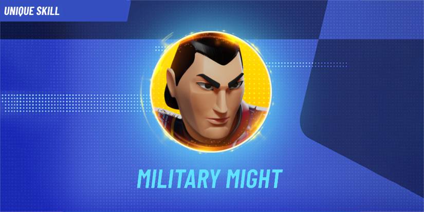 Image depicts Shang from Mulan in a yellow circle in the centre of a blue dotted background in Disney Speedstorm. Underneath Shang it reads 'Military Might'. In the top left corner it reads 'Unique Skill'.