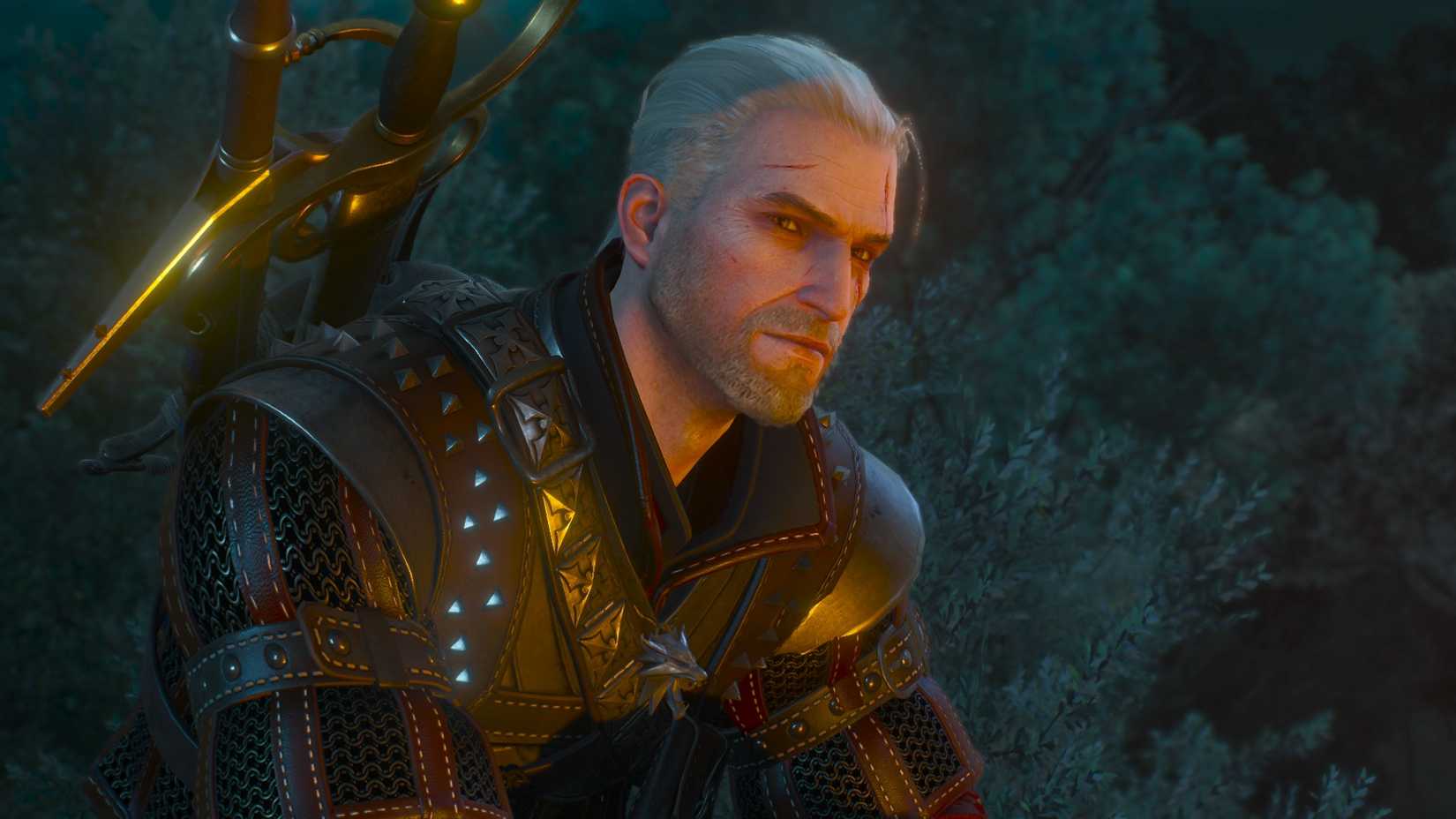 Geralt gives a serious look as he sits by a campfire in Toussaint while talking to Regis.
