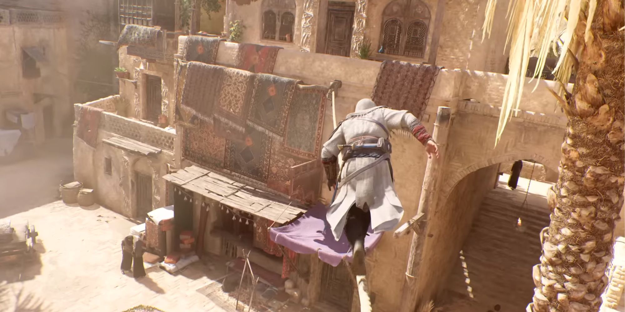 Assassins Creed Mirage Basim walking along a rope in the rooftops