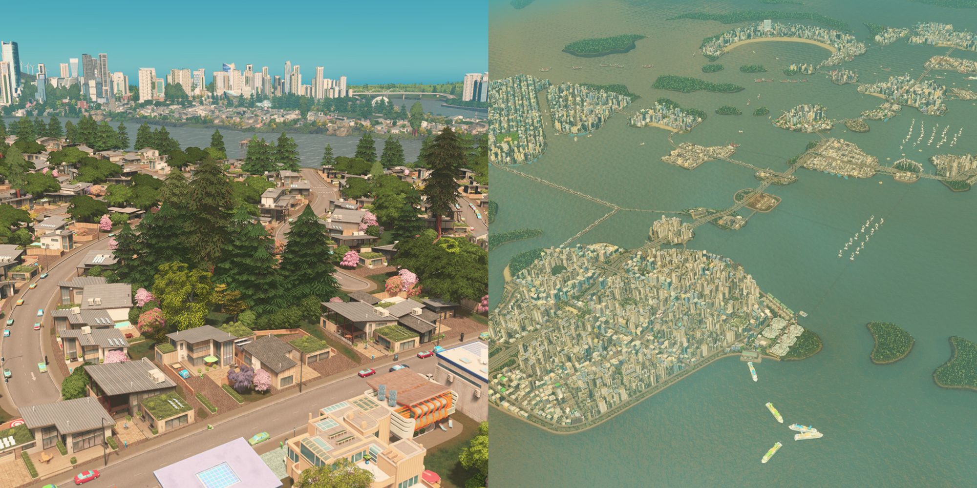 A split image from Cities: Skylines of a suburb and a long-ranged photo of the Island Hopping scenario, which features multiple cities on small islands.