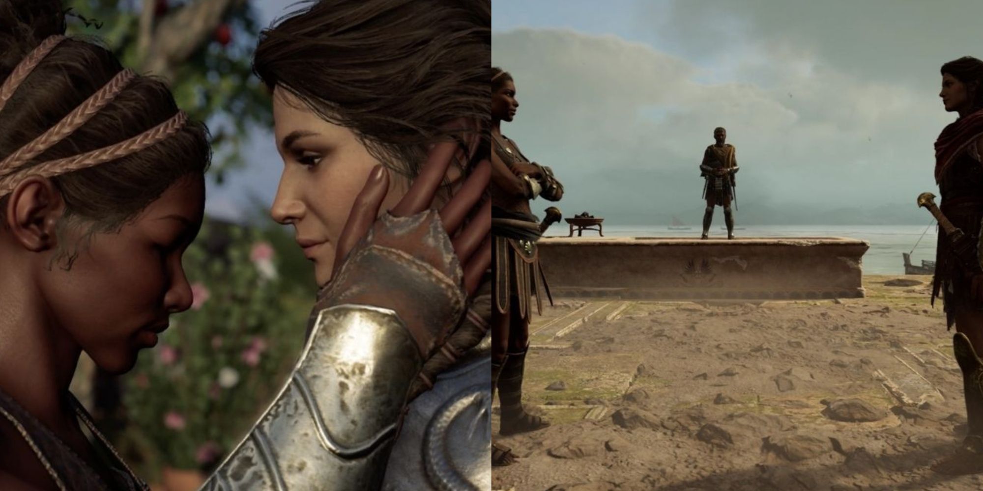 A collage showing Roxana grabbing Kassandra's face on the left and the both of them looking at each other on the right.