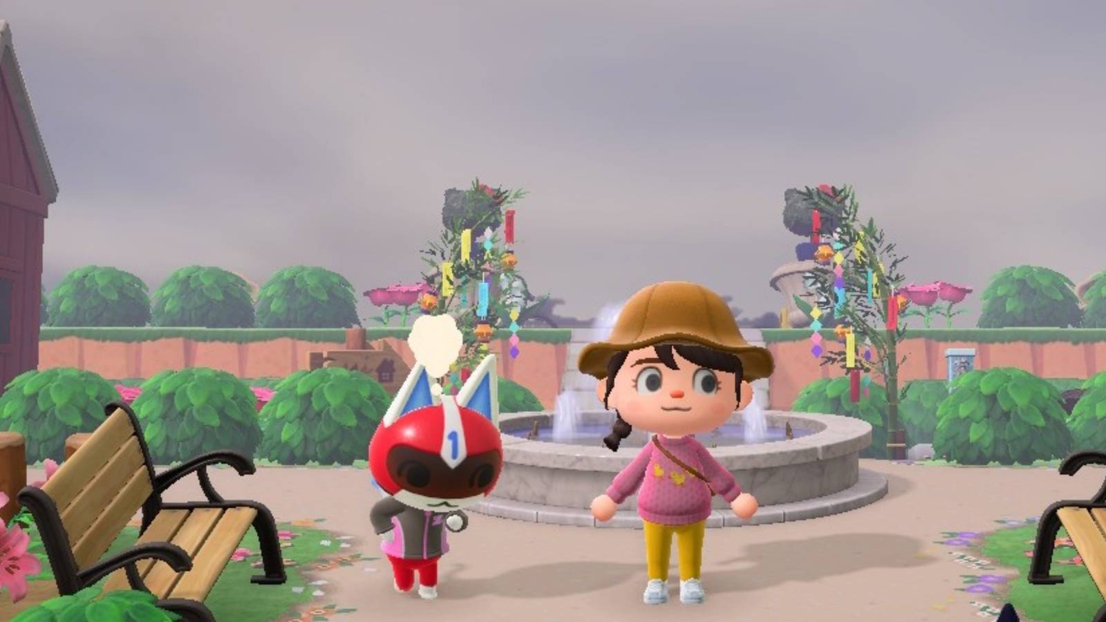 Animal Crossing: New Horizons player next to Kid Cat with a thought bubble.