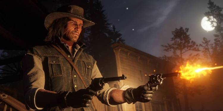 John Marston double wielding guns in Red Dead Redemption 2.