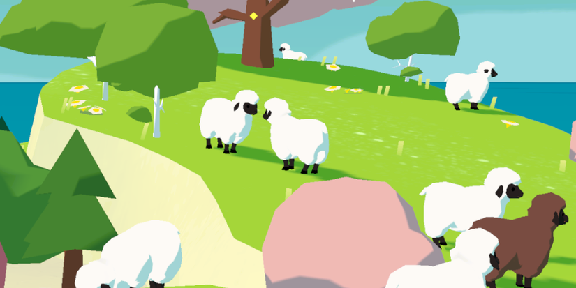 Sheep standing on a grassy hill in Forest Island. 