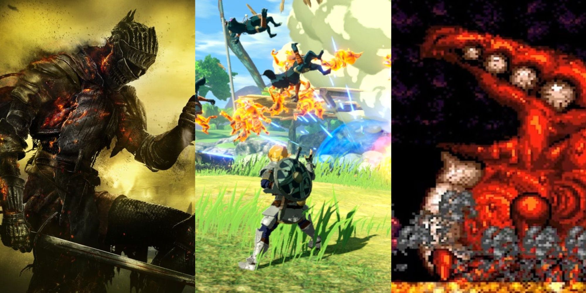 Dark Souls 3, Link blows up enemies, and Samus defeats a boss