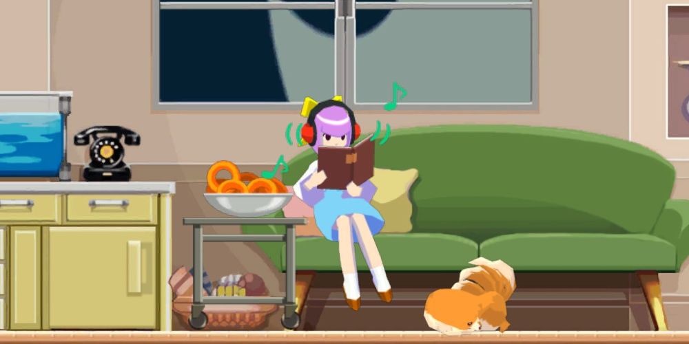 kamila listens to headphones and reads a book while missile is curled up on the floor in ghost trick: phantom detective