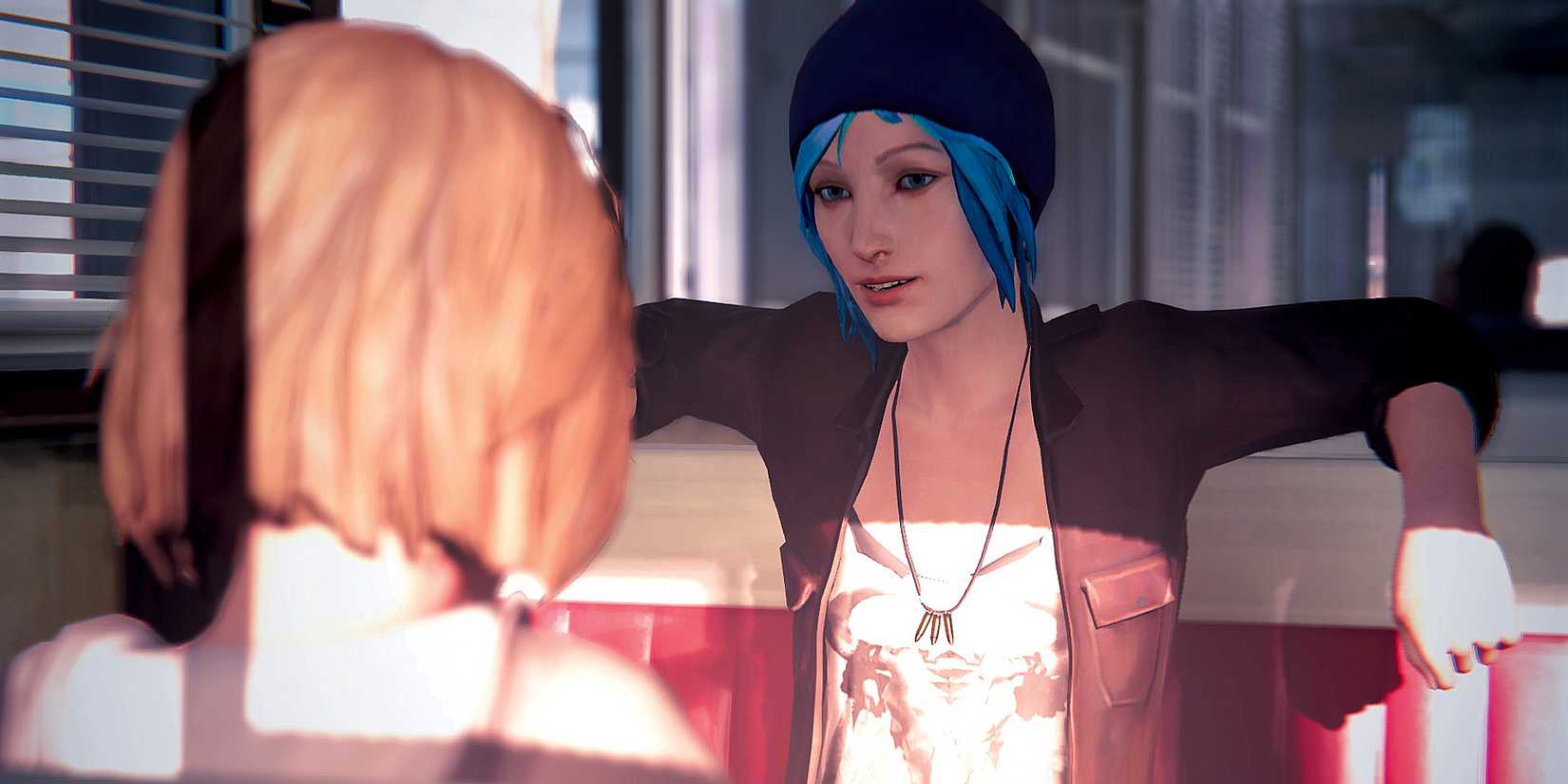 Chloe is sitting in the restaurant of Max in Life is Strange in life.