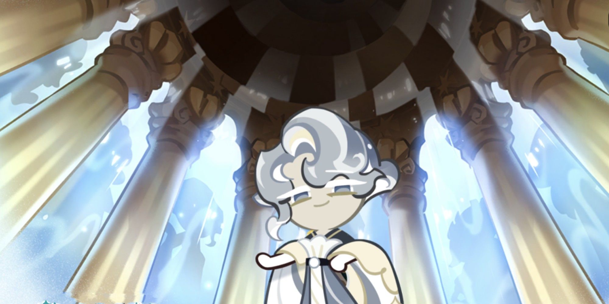Oyster Cookie stands against high pillars while she looks down on you