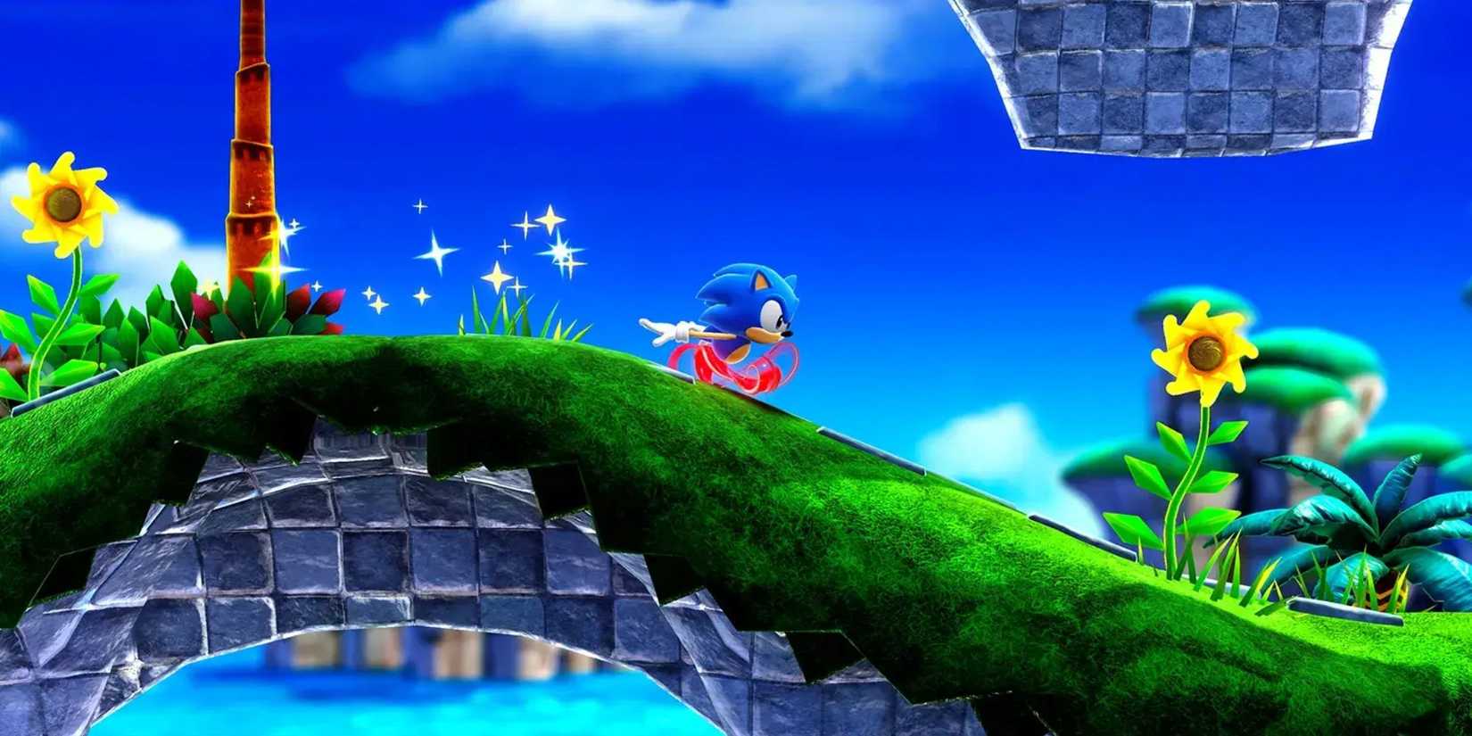 Sonic running in a 2D stage with green grass. But it's not Green Hill Zone.