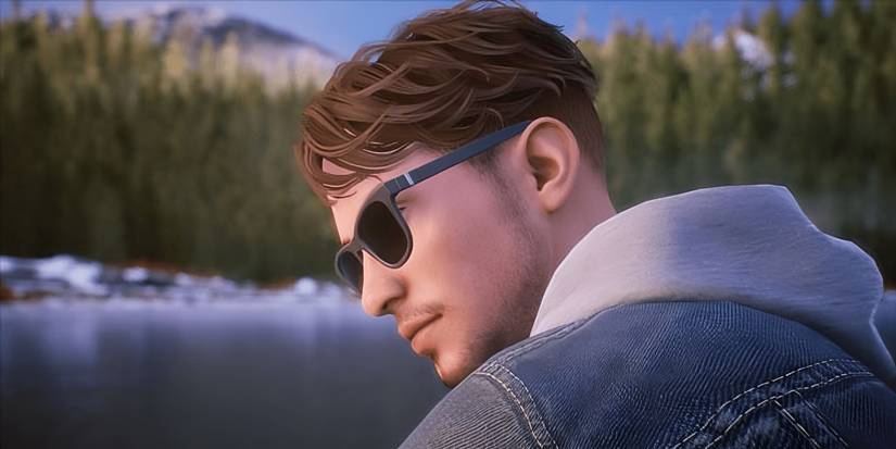 Tell Me Why's Protagonist, Tyler, looking off into a serene background with a large lake, trees and mountain, showing the calm nature of the character.