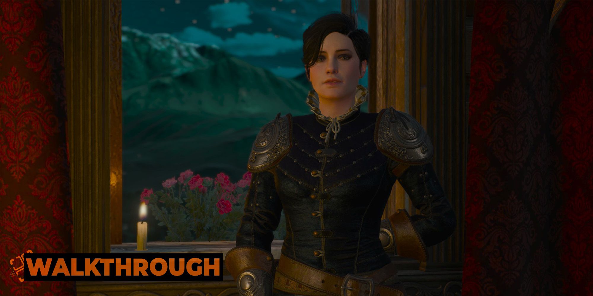 A black-haired woman wearing dark clothes stands by a window in Toussaint.