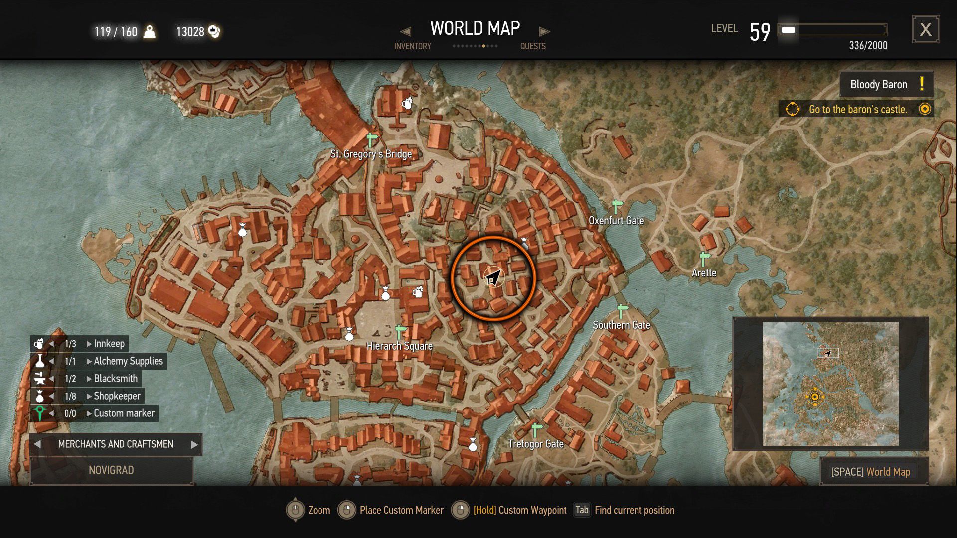 A screenshot of The Witcher 3&rsquo;s map with an orange circle over a quest objective.