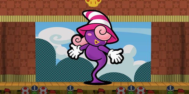 Trans ghost girl Vivian on stage showcasing her drag-like aesthetics to an audience of toads, goombas and koopas.