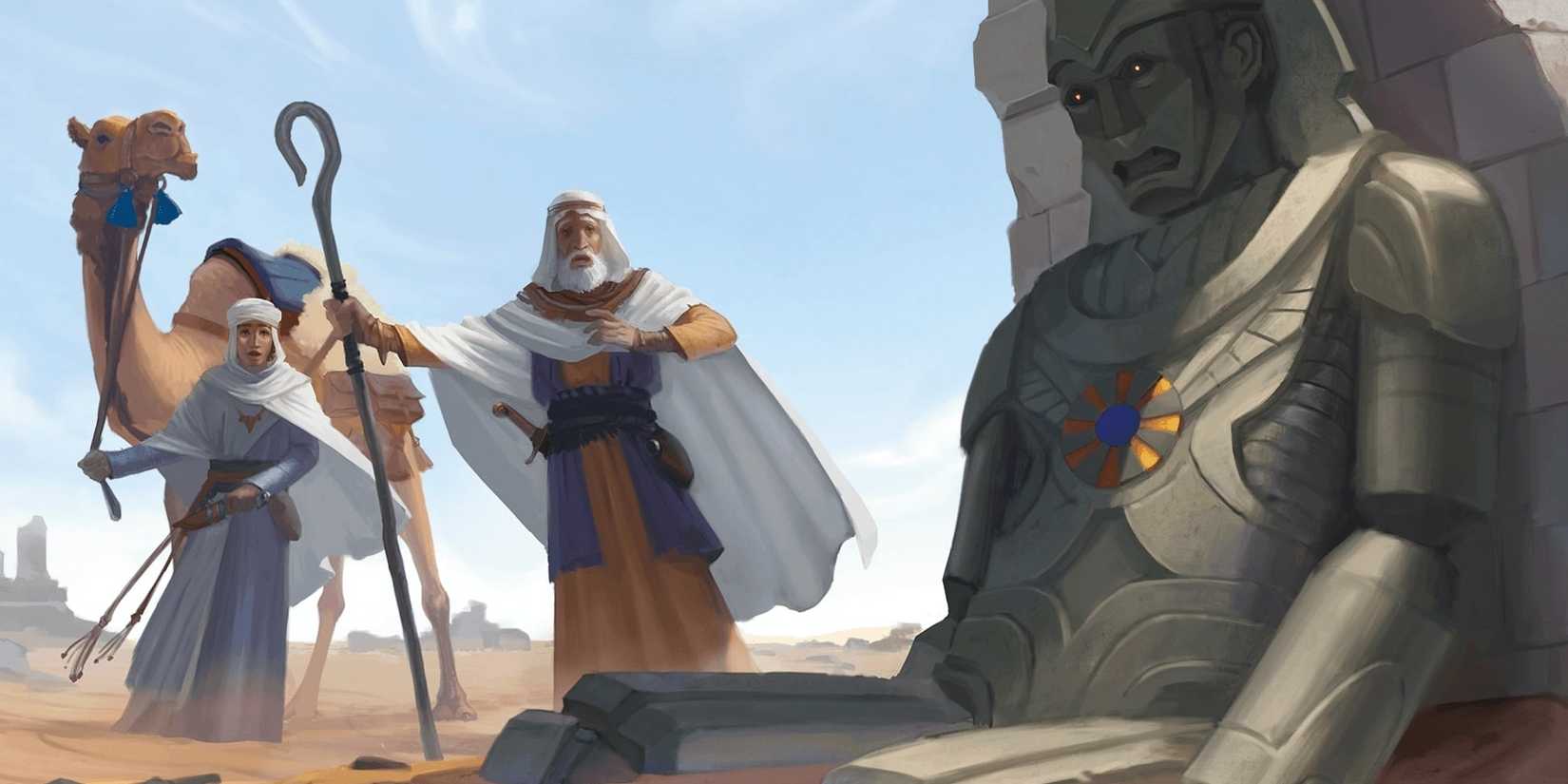 Two desert travelers and a camel stumble upon a slumped stone golem.
