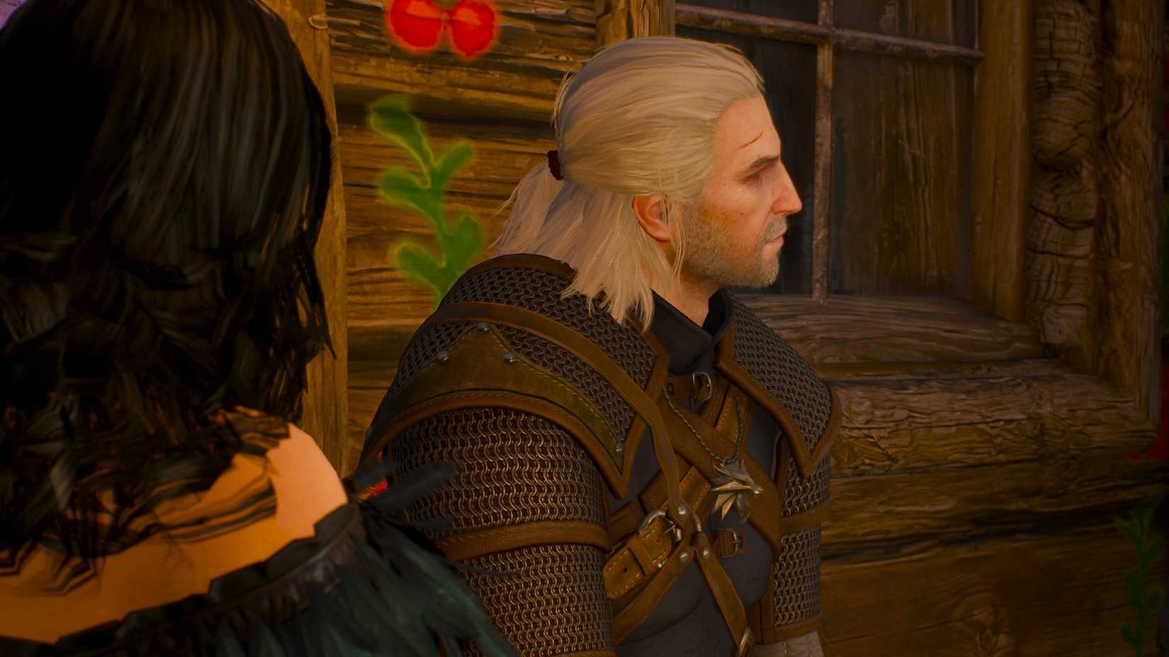 Geralt relaxes at an inn next to Yennefer during the winter.