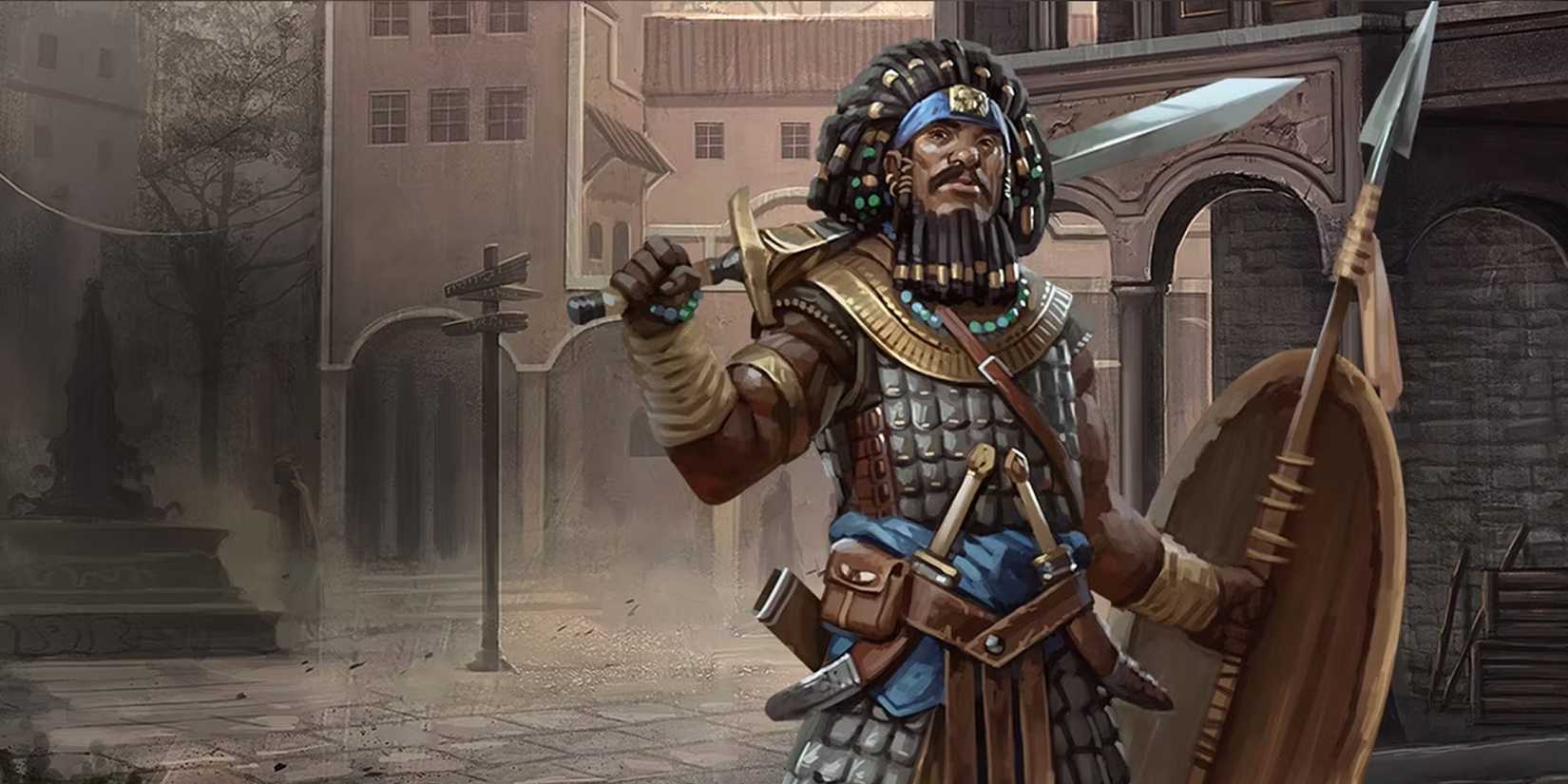 A fighter wielding a sword, shield, and spear standing in an urban landscape in DND art.