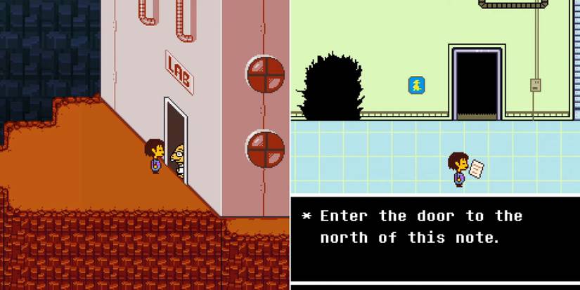 Alphys meeting the player at the door to the lab and the note from Alphys about the truth in Undertale