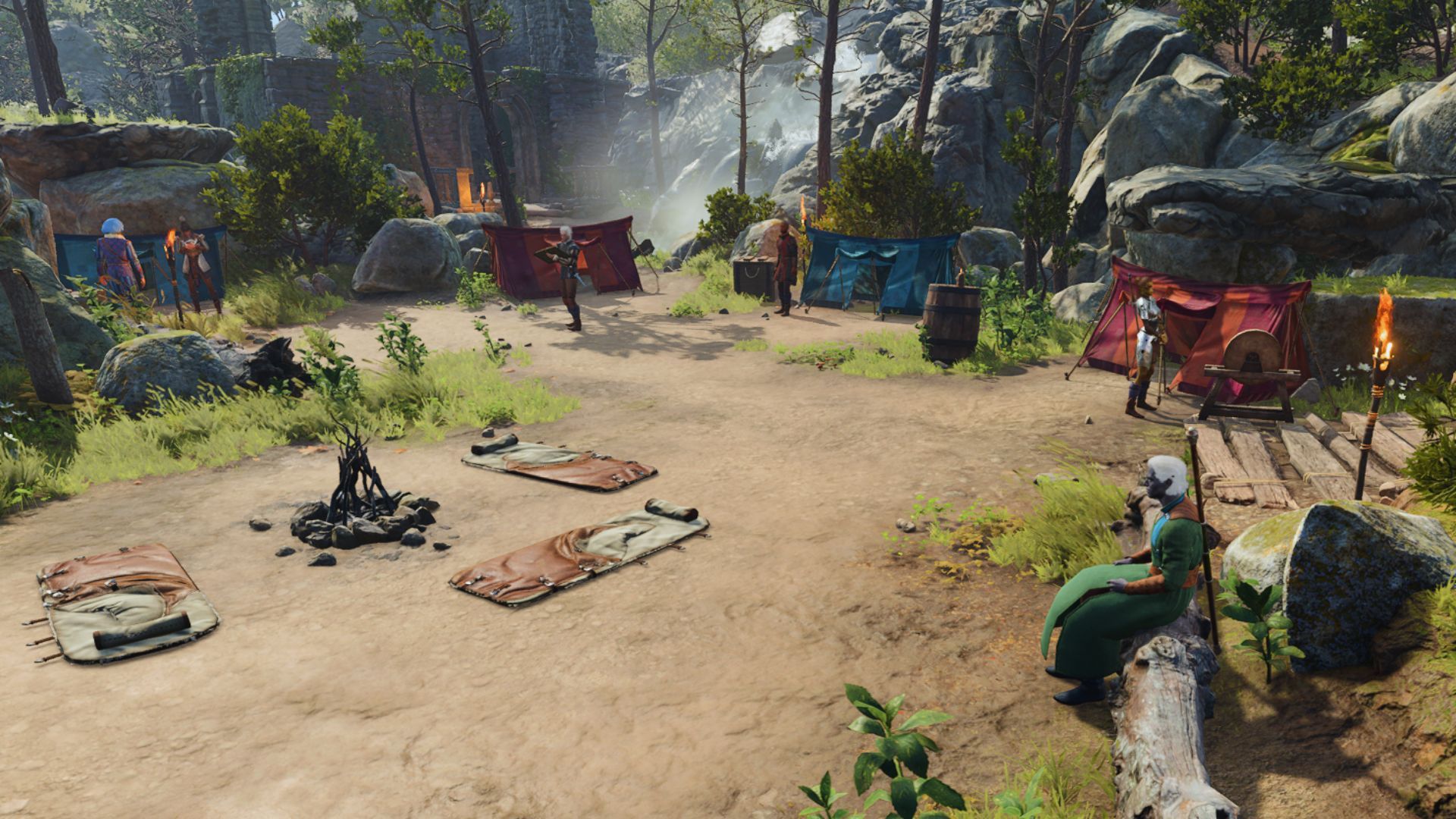 Baldur's Gate 3 - View of the player's camp in the forest