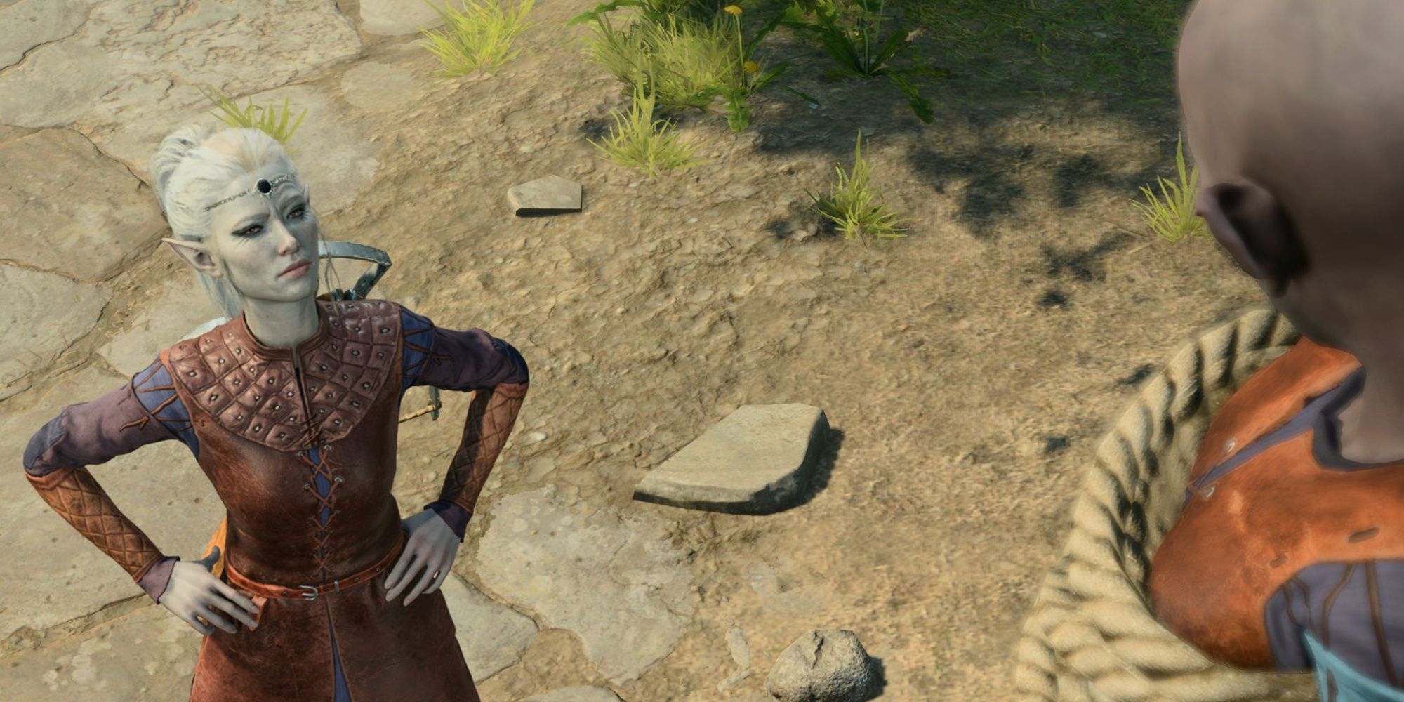 A Drow Rogue Looks Up At Gnome And Considers Freeing them in Baldur's Gate 3.