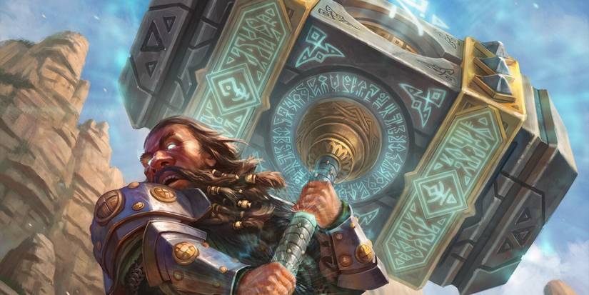 A dwarf is holding a giant hammer.