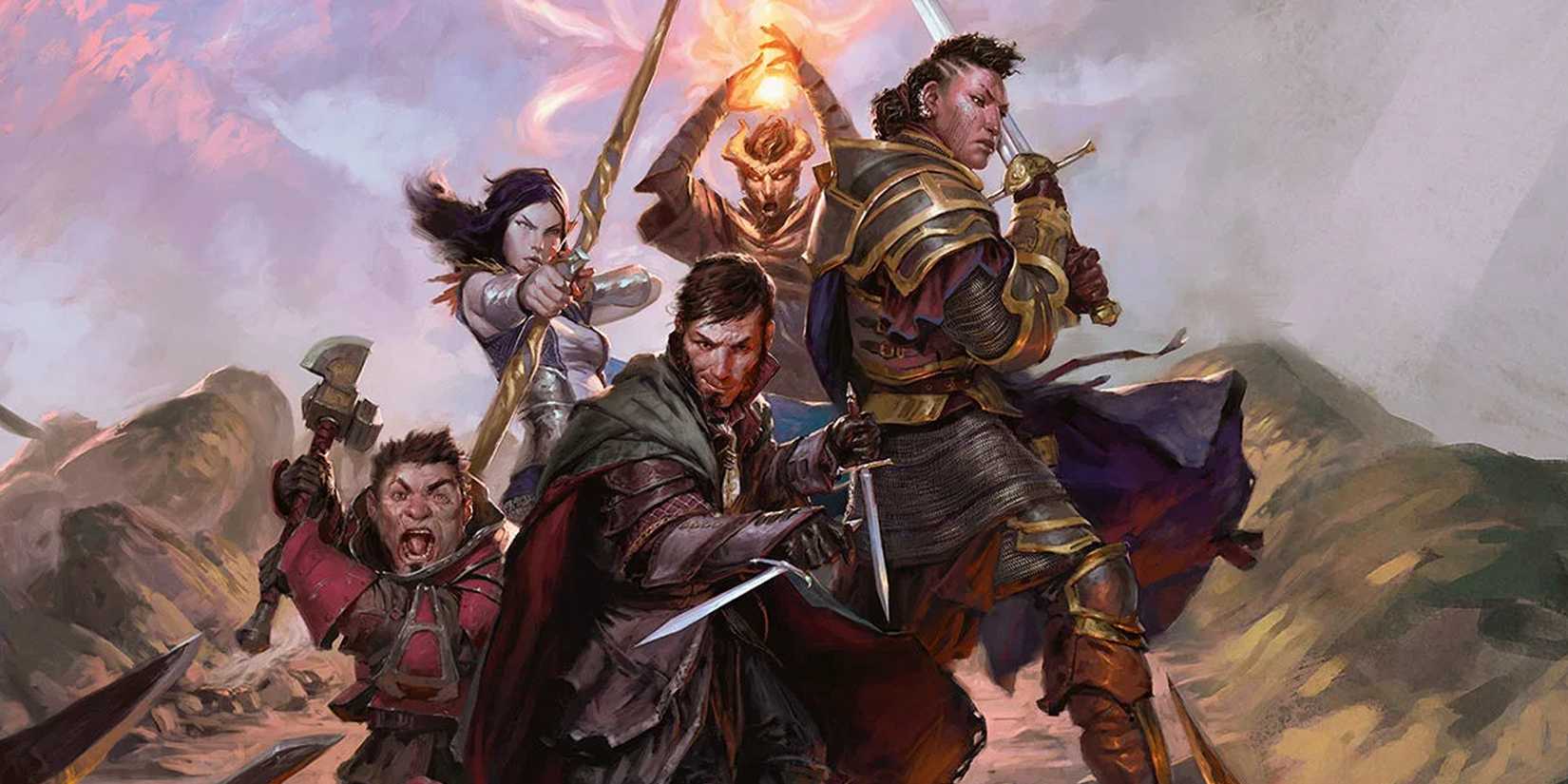 A Party Of Adventurers stand on a cliffside poised for battle in Dungeons & Dragons. 