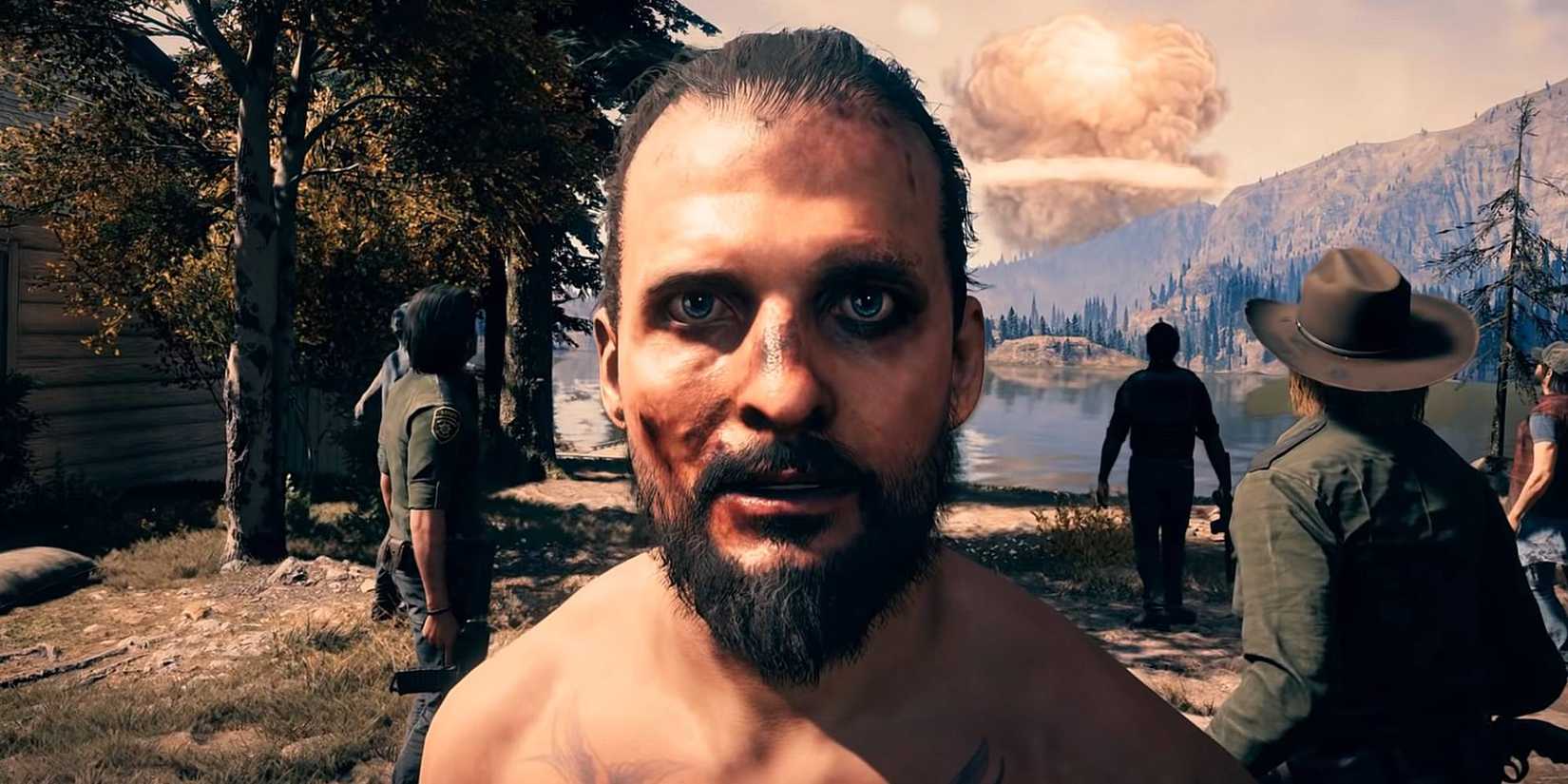 Joseph Seed stares at the camera as others look during the nuclear explosion.