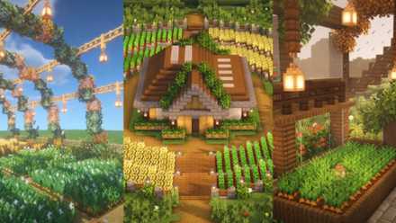 An image from Minecraft of three different farms, all created to be aesthetically pleasing. The first has hanging lights and plants, the second is a circular field with a central farmhouse and the last is a large greenhouse filled with crops.