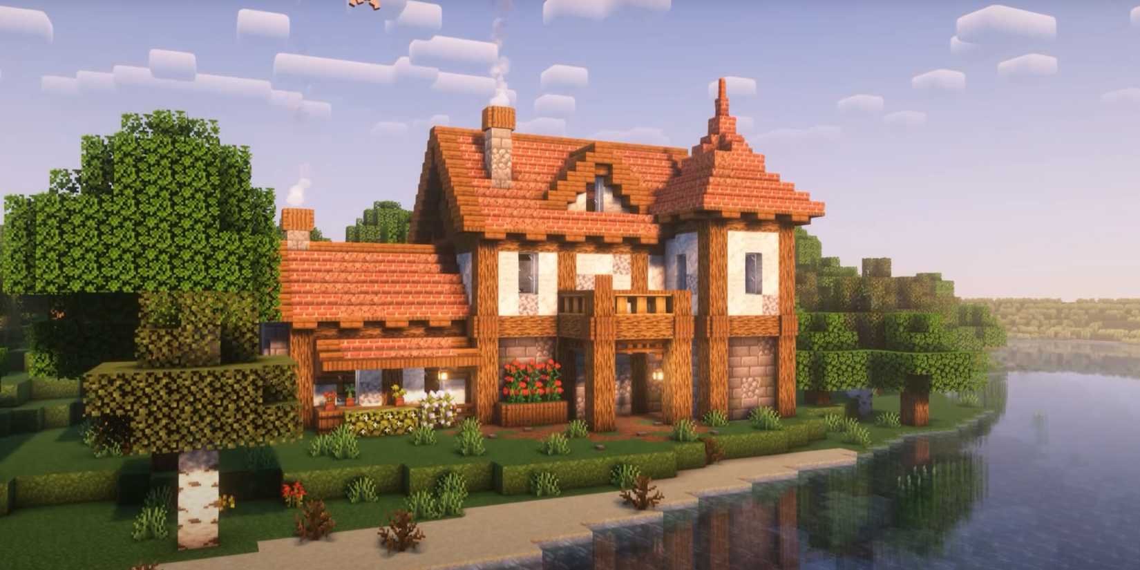 An image from Minecraft of a classic house with a tiled roof. This house is made of logs and diorite.