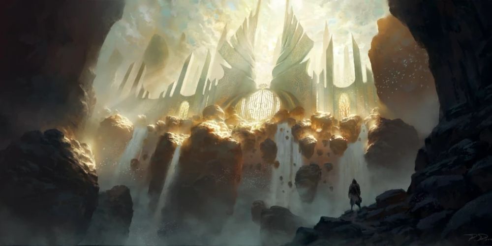 Heavenly realm bathed in intense sunlight with radiant divine structures