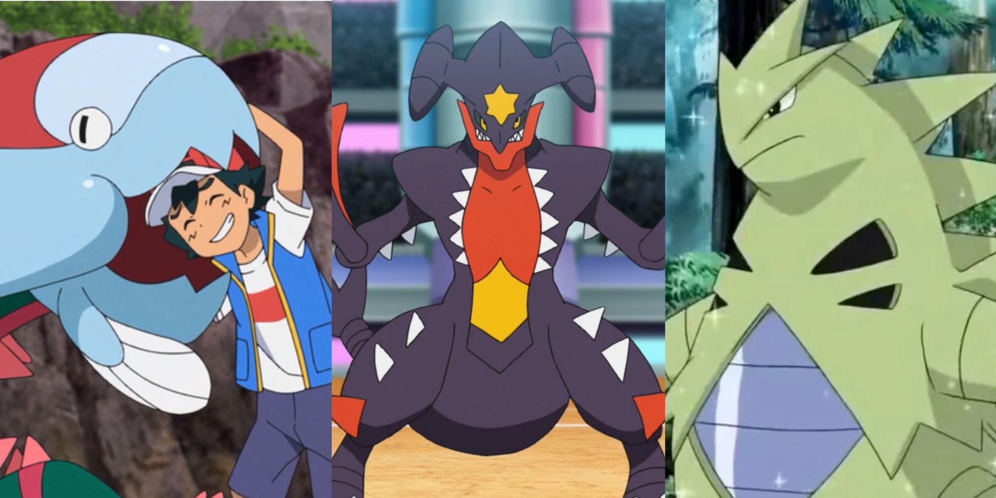 Pokemon split image featuring Dracovish with Ash Catchum, Garchomp, and Tyranitar
