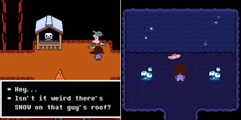 San's stall with snow on the roof in Hotland and finding the old tutu behind the waterfall in Undertale